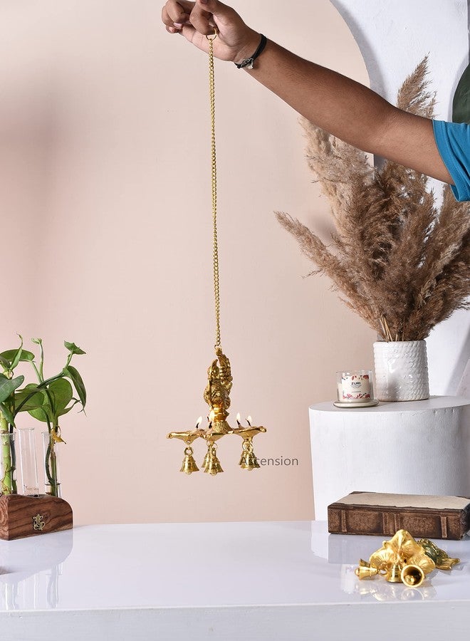 أسينشين مصباح ديا عتيق على شكل طاووس مع أجراس وسلسلة للمنزل، مصباح ديا معدني معلق للمعبد في ديوالي، غرفة بوجا، ديكور منزلي - Image 3